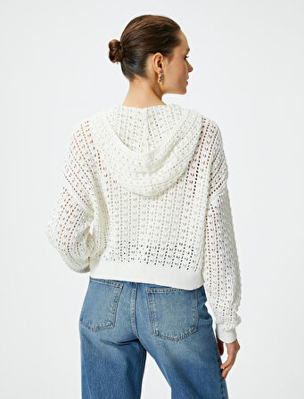 Crop Ajurlu Kazak Kapüşonlu Uzun Kollu