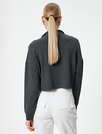 Yarım Fermuarlı Sweatshirt Crop Uzun Kollu