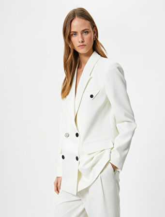 Oversize Blazer Ceket Kruvaze Ters Yaka Astarlı Kapaklı Çift Cep
