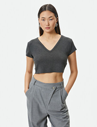 Crop Tişört Kısa Kollu V Yaka