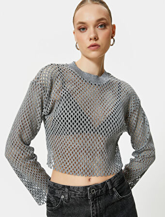 Crop Ajurlu Tişört Uzun Kollu Metalik Simli Bisiklet Yaka