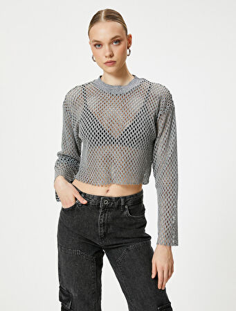 Crop Ajurlu Tişört Uzun Kollu Metalik Simli Bisiklet Yaka