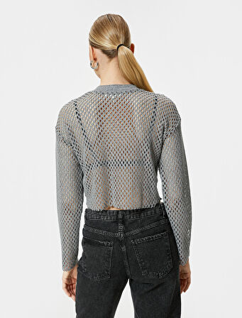 Crop Ajurlu Tişört Uzun Kollu Metalik Simli Bisiklet Yaka