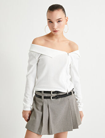 Madonna Yaka Tişört Fermuarlı Uzun Kollu