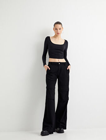 Uzun Kollu Crop Tişört U Yaka Drape Detaylı