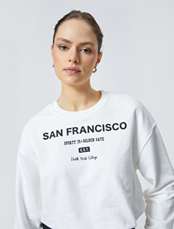Crop Sweatshirt Baskılı Bisiklet Yaka Pamuklu