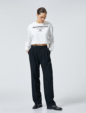 Crop Sweatshirt Baskılı Bisiklet Yaka Pamuklu