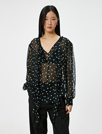 Puantiyeli Bluz Tül Fırfırlı Fular Yaka Uzun Kollu