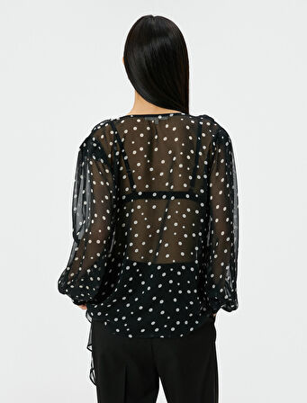 Puantiyeli Bluz Tül Fırfırlı Fular Yaka Uzun Kollu