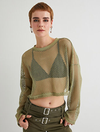 Crop File Tişört Uzun Kollu Bisiklet Yaka