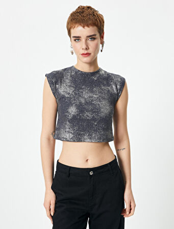 Kolsuz Crop Tişört Degrade Metalik Varak Baskılı Slim Fit Pamuklu