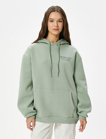 Kapşonlu Sweatshirt Arkası Baskılı Rahat Kalıp Uzun Kollu