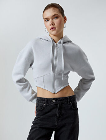Fermuarlı Crop Sweatshirt Korse Görünümlü 