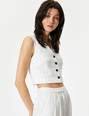 Crop Yelek Düğmeli Fleto Cepli Düğmeli V Yaka