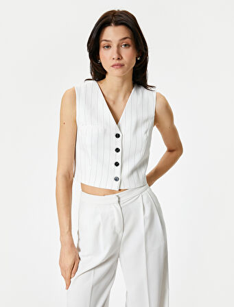 Crop Yelek Düğmeli Fleto Cepli Düğmeli V Yaka