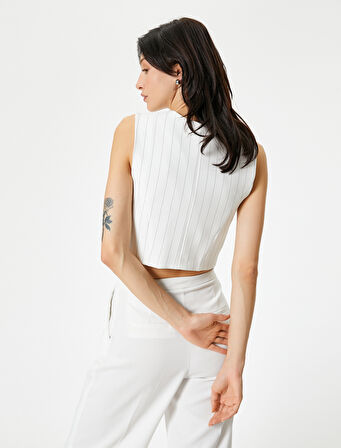 Crop Yelek Düğmeli Fleto Cepli Düğmeli V Yaka