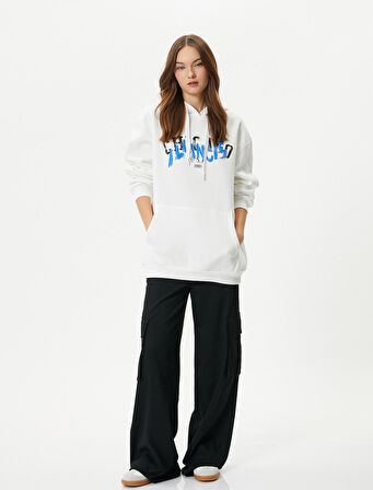 Kapşonlu Sweatshirt Arkası ve Önü Baskılı Uzun Kollu Pamuk Karışımlı