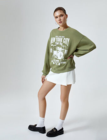 Baskılı Sweatshirt Uzun Kollu Bisiklet Yaka Rahat Kalıp