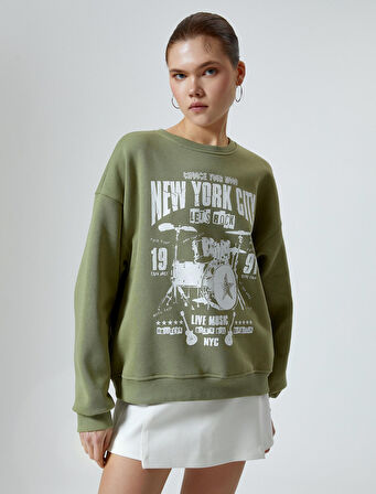 Baskılı Sweatshirt Uzun Kollu Bisiklet Yaka Rahat Kalıp