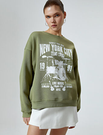 Baskılı Sweatshirt Uzun Kollu Bisiklet Yaka Rahat Kalıp