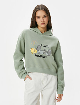 Kedili Crop Kapşonlu Sweatshirt Uzun Kollu Rahat Kalıp