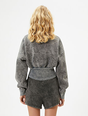 Korse Detaylı Soluk Efektli Crop Sweatshirt Uzun Kollu Bisiklet Yaka Slim Fit