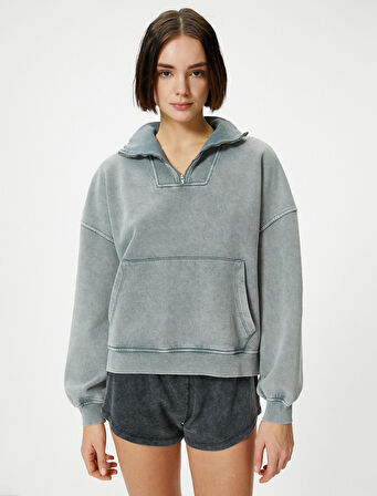 Yarım Fermuarlı Sweatshirt Dik Yaka Kanguru Cepli Soluk Efektli