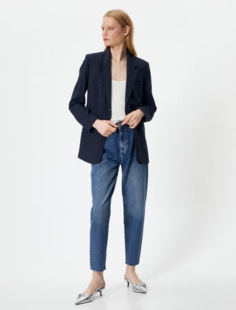 Mom Fit Kot Pantolon Standart Bel Cepli Pamuklu - Mom Jean