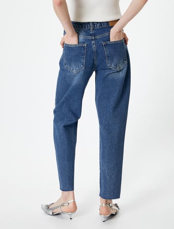 Mom Fit Kot Pantolon Standart Bel Cepli Pamuklu - Mom Jean