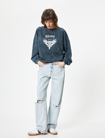 Oversize Sweatshirt Bisiklet Yaka Soluk Efektli Baskılı 