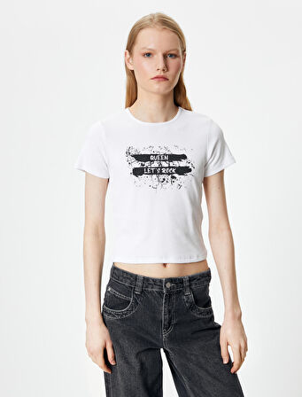 Slogan Baskılı Tişört Kısa Kollu Bisiklet Yaka Pamuklu