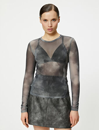 Transparan Tişört Uzun Kollu Desenli Bisiklet Yaka