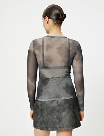 Transparan Tişört Uzun Kollu Desenli Bisiklet Yaka