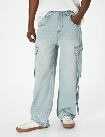 Bol Kot Pantolon Kargo Cepli Düğmeli Geniş Paça