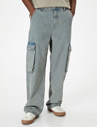 Bol Kot Pantolon Kargo Cepli Düğmeli Geniş Paça