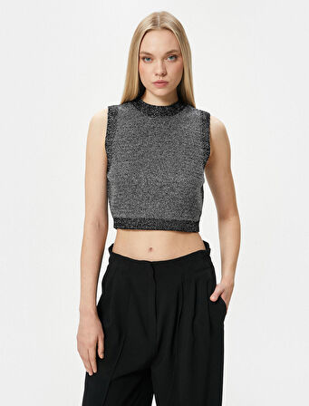 Metalik Crop Triko Üst Simli Bisiklet Yaka