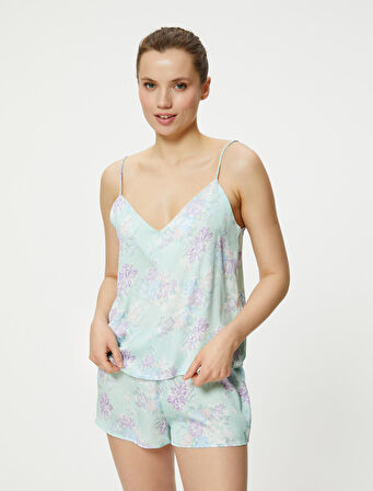 Pijama Üstü Çiçekli Askılı V Yaka