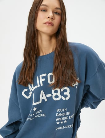 Kolej Sweatshirt Baskılı Uzun Kollu Bisiklet Yaka Rahat Kalıp