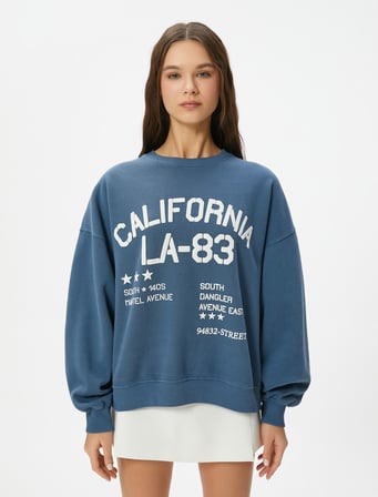Kolej Sweatshirt Baskılı Uzun Kollu Bisiklet Yaka Rahat Kalıp
