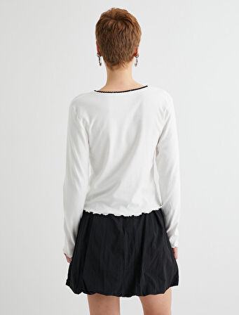 V Yaka Tişört Uzun Kollu Fiyonk ve Drape Detaylı Pamuklu