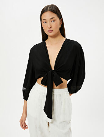 Crop Bluz Önden Bağlamalı Balon Kollu 