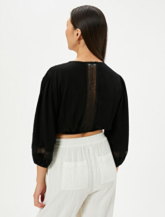 Crop Bluz Önden Bağlamalı Balon Kollu 