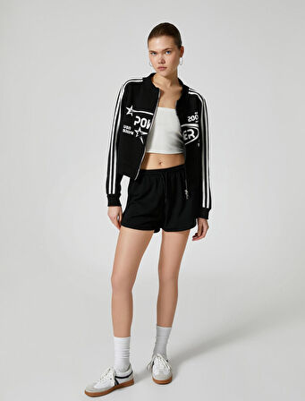 Fermuarlı Sweatshirt Crop Dik Yaka Çizgili Baskılı 