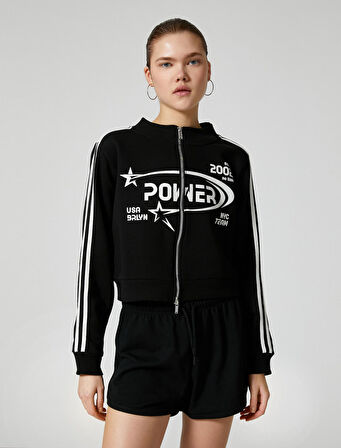 Fermuarlı Sweatshirt Crop Dik Yaka Çizgili Baskılı 