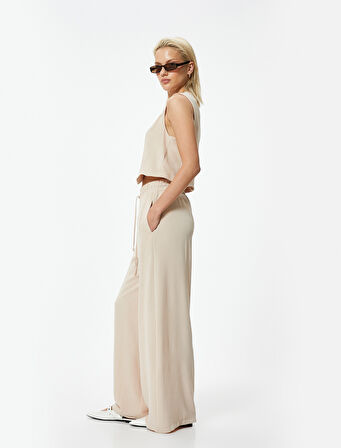 Dökümlü Palazzo Pantolon Beli Lastikli Bağlamalı Cepli