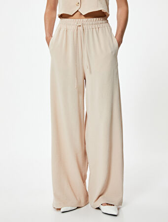 Dökümlü Palazzo Pantolon Beli Lastikli Bağlamalı Cepli