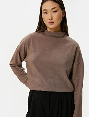 Uzun Kollu Tişört Dik Yaka Simli