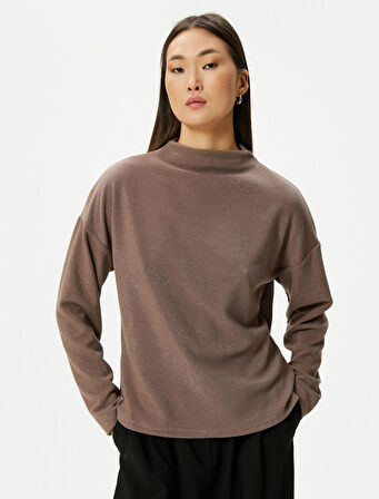 Uzun Kollu Tişört Dik Yaka Simli