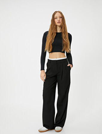 Sırt Dekolteli Crop Tişört Uzun Kollu Bisiklet Yaka Slim Fit