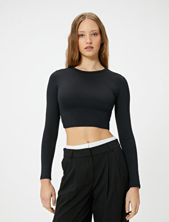 Sırt Dekolteli Crop Tişört Uzun Kollu Bisiklet Yaka Slim Fit